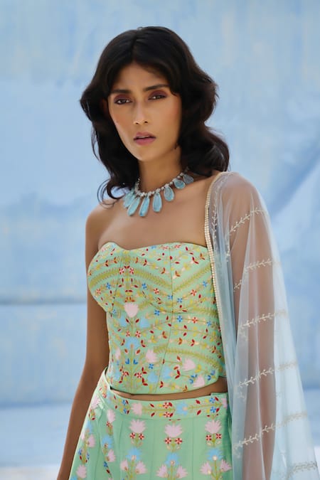 Chamee And Palak_Green Dupion, Silk, Net Sequins, Embroidery Square Neck Meher Corset And Pant Set _Online_at_Aza_Fashions