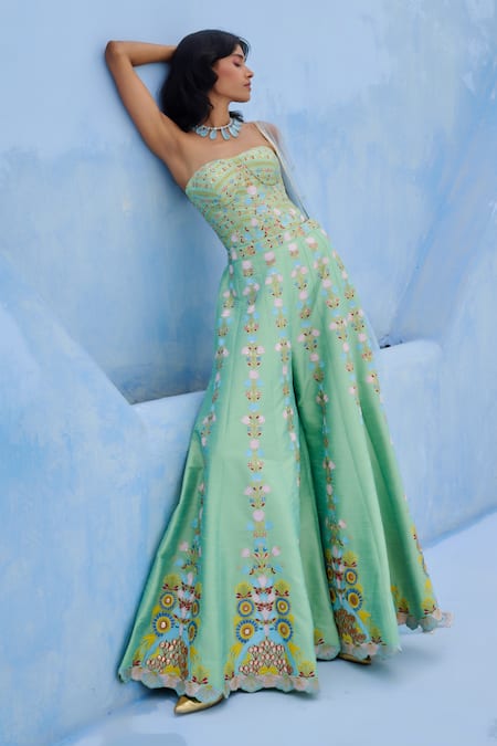 Buy_Chamee And Palak_Green Dupion, Silk, Net Sequins, Embroidery Square Neck Meher Corset And Pant Set _Online_at_Aza_Fashions