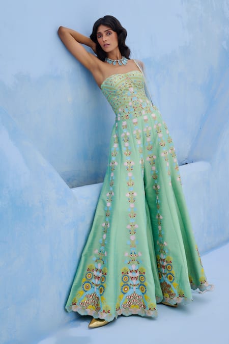 Shop_Chamee And Palak_Green Dupion, Silk, Net Sequins, Embroidery Square Neck Meher Corset And Pant Set _Online_at_Aza_Fashions