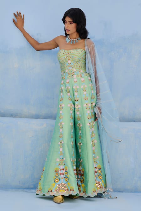 Chamee And Palak Green Dupion, Silk, Net Sequins, Embroidery Square Neck Meher Corset And Pant Set 