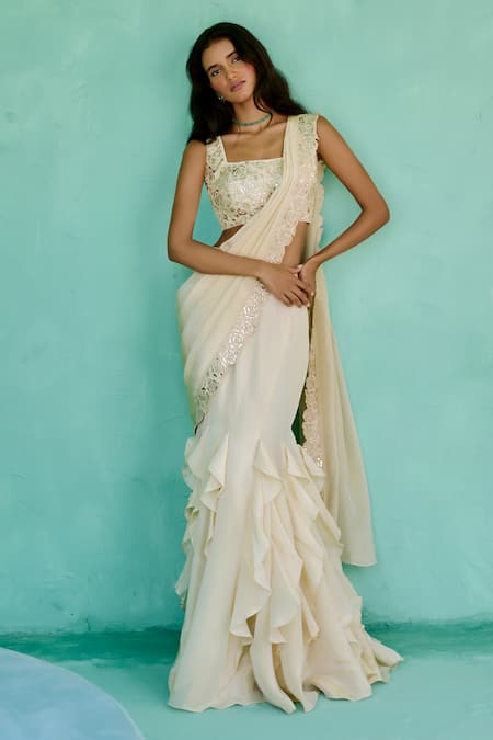 Chamee And Palak_Ivory Tissue, Silk Embroidery Square Neck Ziya Pre-draped Saree And Blouse Set _Online_at_Aza_Fashions