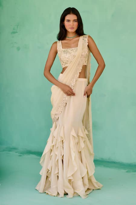 Buy_Chamee And Palak_Ivory Tissue, Silk Embroidery Square Neck Ziya Pre-draped Saree And Blouse Set _Online_at_Aza_Fashions