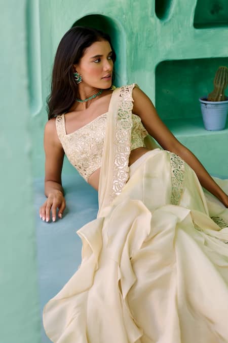 Chamee And Palak_Ivory Tissue, Silk Embroidery Square Neck Ziya Pre-draped Saree And Blouse Set _at_Aza_Fashions