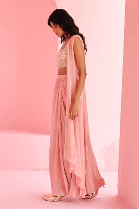 Chamee And Palak_Pink Georgette, Silk Sequins, Beads Round Ines Embroidered Jacket And Skirt Set _Online_at_Aza_Fashions