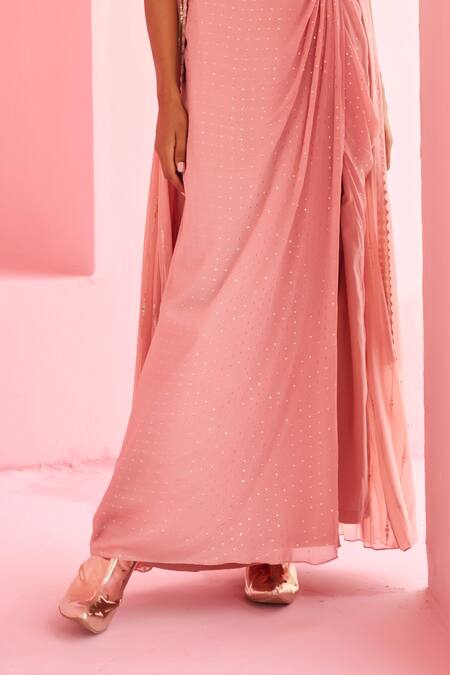 Buy_Chamee And Palak_Pink Georgette, Silk Sequins, Beads Round Ines Embroidered Jacket And Skirt Set _Online_at_Aza_Fashions