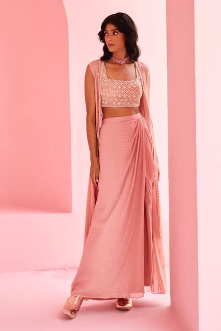 Chamee And Palak Pink Georgette, Silk Sequins, Beads Round Ines Embroidered Jacket And Skirt Set 
