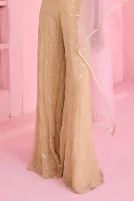 Chamee And Palak_Beige Crepe, Silk, Net Embroidery, Sequins Halter Neck Riz Top And Pant Set _Online_at_Aza_Fashions
