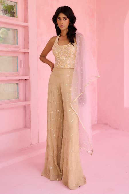 Chamee And Palak Beige Crepe, Silk, Net Embroidery, Sequins Halter Neck Riz Top And Pant Set 