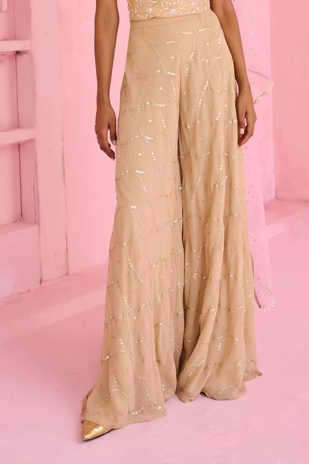 Shop_Chamee And Palak_Beige Crepe, Silk, Net Embroidery, Sequins Halter Neck Riz Top And Pant Set _Online_at_Aza_Fashions