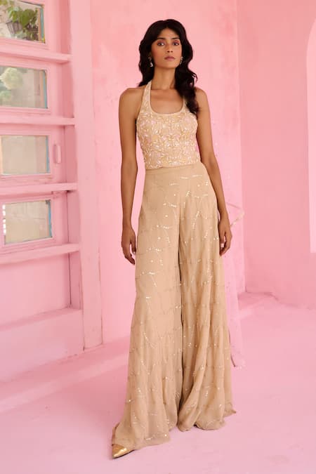 Chamee And Palak_Beige Crepe, Silk, Net Embroidery, Sequins Halter Neck Riz Top And Pant Set _at_Aza_Fashions