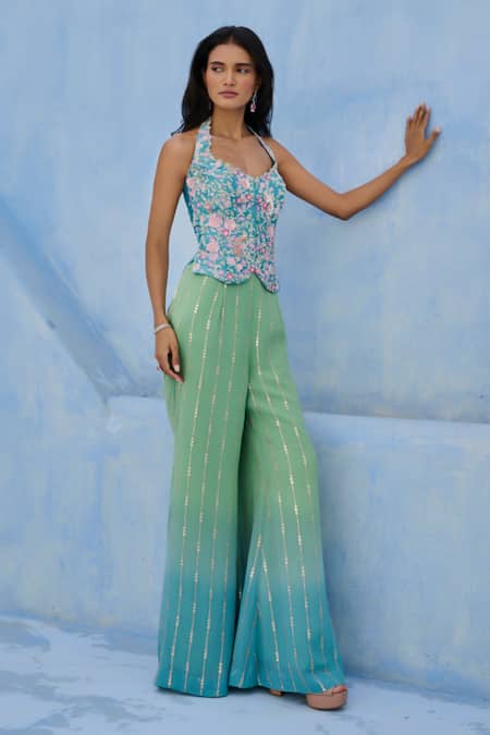 Buy_Chamee And Palak_Blue Georgette, Silk Embroidery Halter Neck Zeenat Top And Pant Set _Online_at_Aza_Fashions