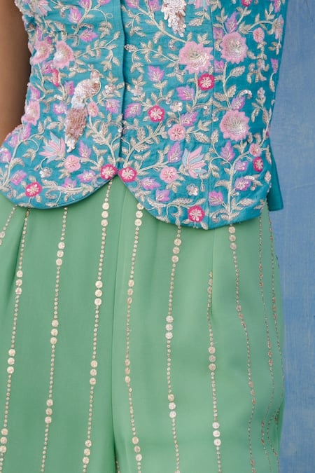 Buy_Chamee And Palak_Blue Georgette, Silk Embroidery Halter Neck Zeenat Top And Pant Set 