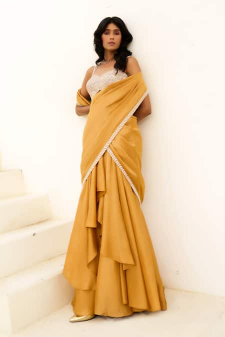 Chamee And Palak_Gold Tissue, Brocade Beads, Manya Embroidered Blouse And Pre-draped Saree Set _Online_at_Aza_Fashions