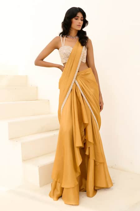 Chamee And Palak Gold Tissue, Brocade Beads, Manya Embroidered Blouse And Pre-draped Saree Set 