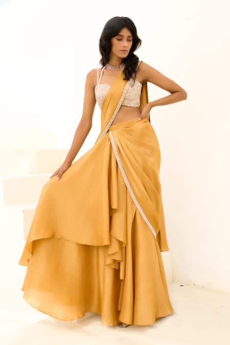 Buy_Chamee And Palak_Gold Tissue, Brocade Beads, Manya Embroidered Blouse And Pre-draped Saree Set _Online_at_Aza_Fashions