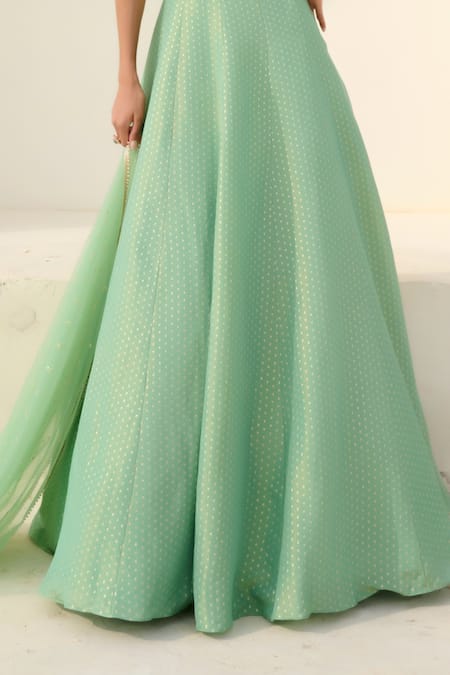 Chamee And Palak_Green Brocade, Silk, Tissue, Net Sequins, Embroidery Mina Blouse And Skirt Set _Online_at_Aza_Fashions