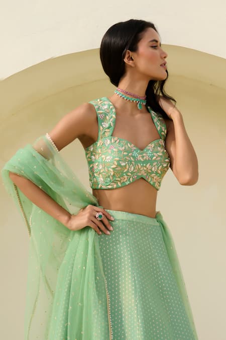 Buy_Chamee And Palak_Green Brocade, Silk, Tissue, Net Sequins, Embroidery Mina Blouse And Skirt Set _Online_at_Aza_Fashions