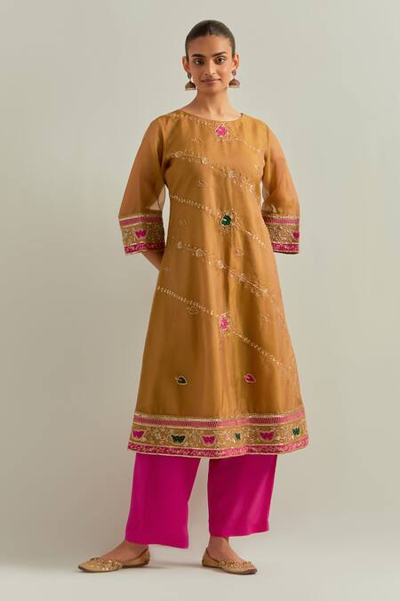 Shop_Ikshita Choudhary_Mustard Organza, Muslin Embroidery Round Neck Kurta Set _Online_at_Aza_Fashions
