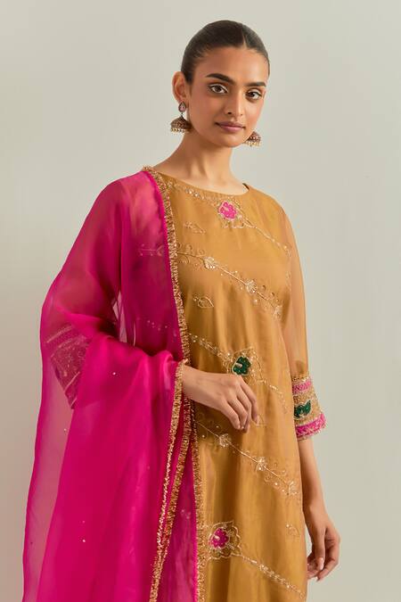 Shop_Ikshita Choudhary_Mustard Organza, Muslin Embroidery Round Neck Kurta Set 