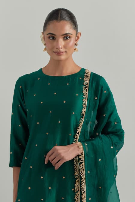 Buy_Ikshita Choudhary_Green Chanderi, Organza Embroidery Round Neck Kurta And Gharara Set _Online_at_Aza_Fashions