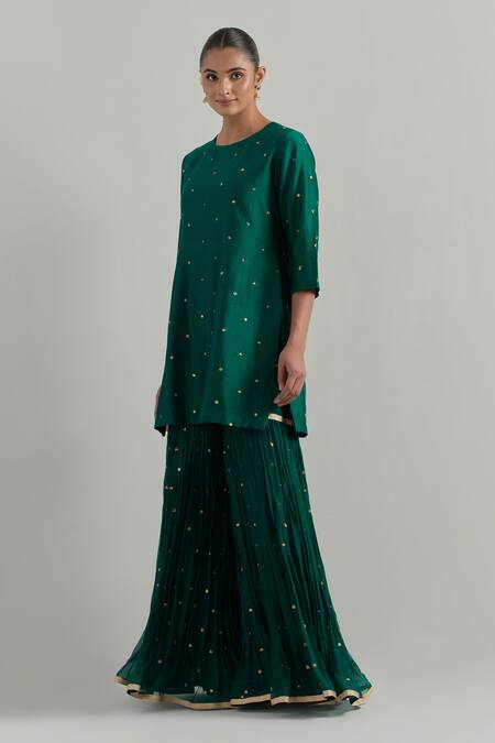 Buy_Ikshita Choudhary_Green Chanderi, Organza Embroidery Round Neck Kurta And Gharara Set 