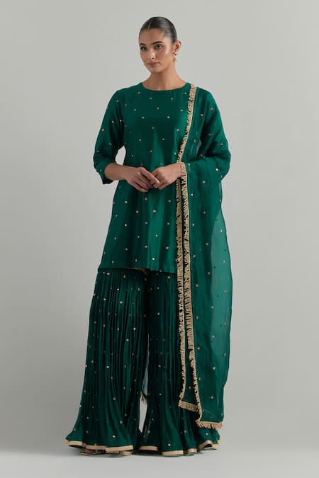Ikshita Choudhary Green Chanderi, Organza Embroidery Round Neck Kurta And Gharara Set 