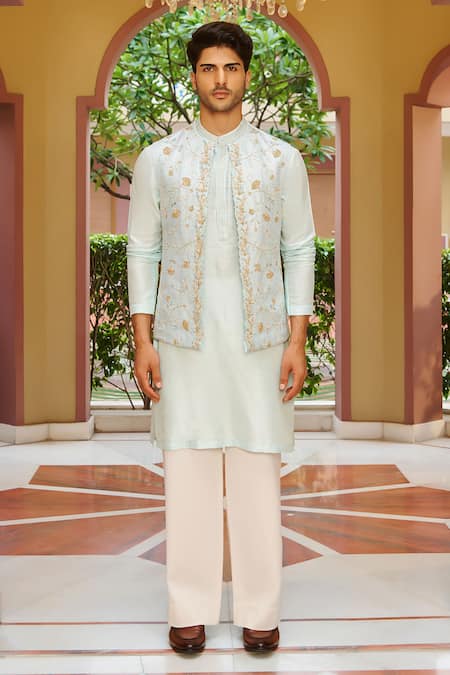Contrast By Parth Blue Silk Zari Embroidered Bundi Kurta Set