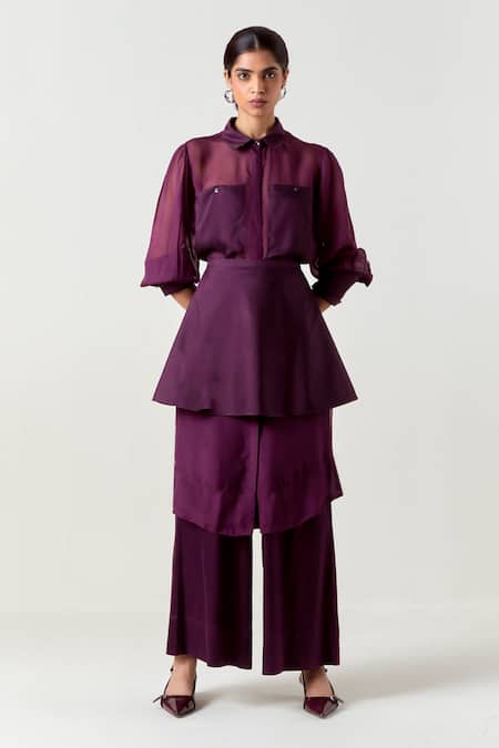 Three Wine Organza, Satin, Lycra Beads Collared Sheer Shirt And Pant Set 