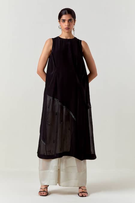 Three Black Organza, Crepe, Tissue Beads Round Neck Asymmetric Co-ord Tunic Set 