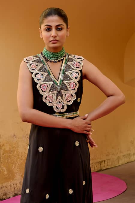 Swati Vijaivargie_Black Modal Embroidery V-neck Tribal Jumpsuit _Online_at_Aza_Fashions