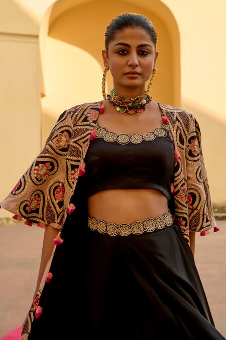 Swati Vijaivargie_Black Modal, Silk Tassels, Surajmukhi Floral Pattern Jacket And Lehenga Set _Online_at_Aza_Fashions