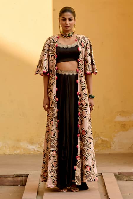 Buy_Swati Vijaivargie_Black Modal, Silk Tassels, Surajmukhi Floral Pattern Jacket And Lehenga Set _Online_at_Aza_Fashions