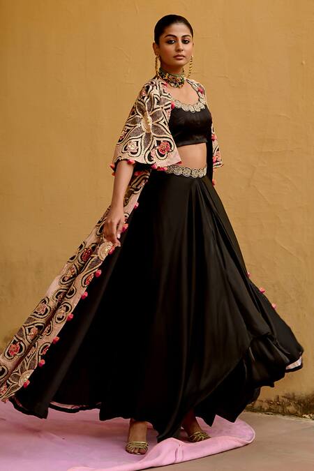 Shop_Swati Vijaivargie_Black Modal, Silk Tassels, Surajmukhi Floral Pattern Jacket And Lehenga Set _Online_at_Aza_Fashions