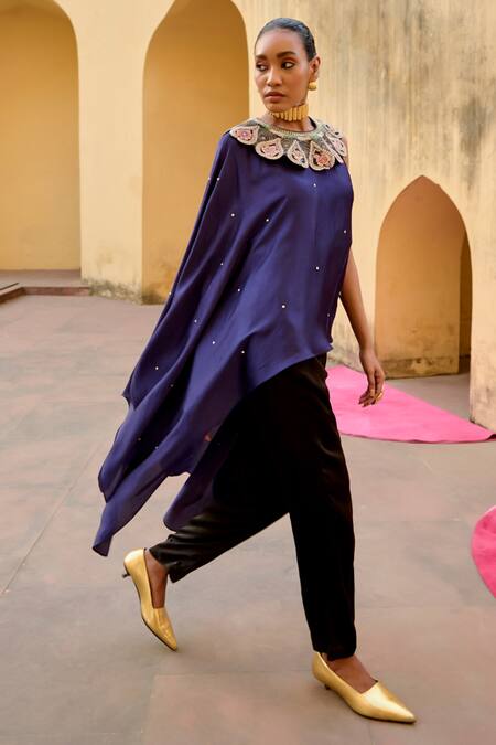 Swati Vijaivargie_Purple Modal, Silk Round Neck Asymmetric Sleeve Cape With Pant _Online_at_Aza_Fashions