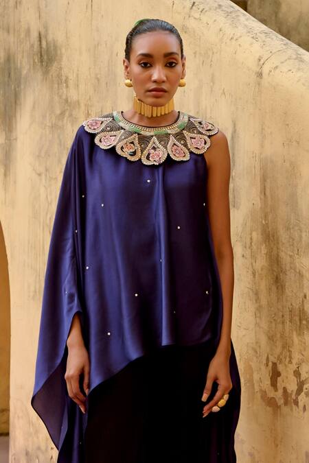 Shop_Swati Vijaivargie_Purple Modal, Silk Round Neck Asymmetric Sleeve Cape With Pant _Online_at_Aza_Fashions