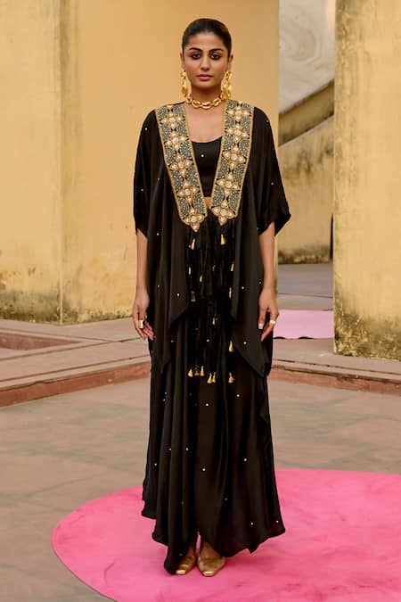 Swati Vijaivargie Black Modal, Silk Open , Round Noor Embroidered Cape And Skirt Set Online at Aza Fashions Swati Vijaivargie_Black Modal, Silk Open , Round Noor Embroidered Cape And Skirt Set _Online_at_Aza_Fashions