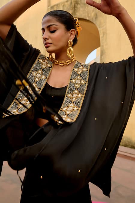 Buy Swati Vijaivargie Black Modal, Silk Open , Round Noor Embroidered Cape And Skirt Set Online at Aza Fashions Buy_Swati Vijaivargie_Black Modal, Silk Open , Round Noor Embroidered Cape And Skirt Set _Online_at_Aza_Fashions