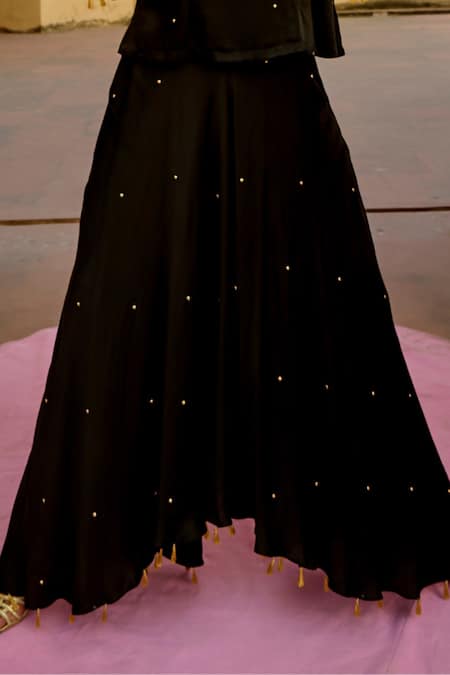 Swati Vijaivargie_Black Modal, Silk Tassels V-neck Chandrima Embroidered Top With Skirt _Online_at_Aza_Fashions