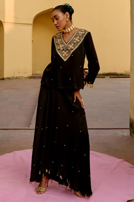 Buy_Swati Vijaivargie_Black Modal, Silk Tassels V-neck Chandrima Embroidered Top With Skirt _Online_at_Aza_Fashions