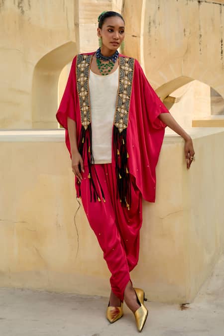 Swati Vijaivargie Fuchsia Modal, Silk Embroidery Round Neck Noori Cape And Dhoti Pant Set 