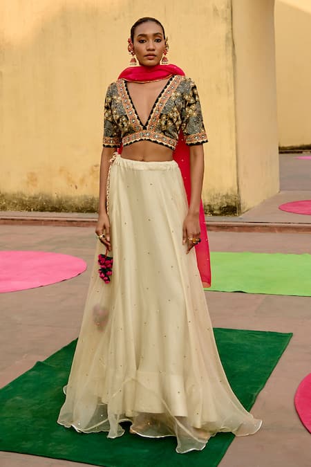 Swati Vijaivargie Black Organza Embroidery, Sequins V-neck Chand Blouse And Lehenga Set