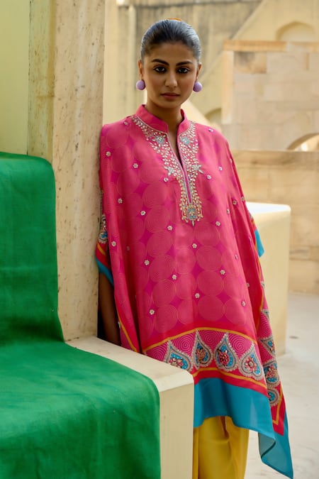 Swati Vijaivargie_Fuchsia Silk, Modal Embroidery Mandarin Spiral Pattern Poncho With Dhoti Pant _Online_at_Aza_Fashions