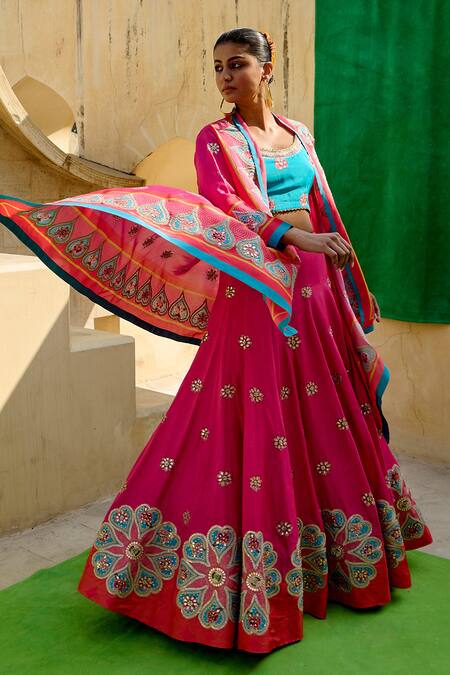 Swati Vijaivargie_Turquoise Silk Embroidery Round Neck, Open Floral Pattern Cape And Lehenga Set _Online_at_Aza_Fashions