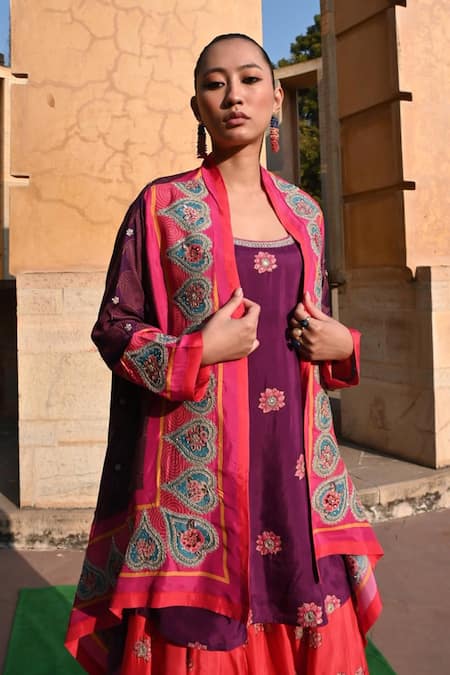 Swati Vijaivargie Purple Silk Embroidery Round , Open Cape And Sharara Set Online at Aza Fashions Swati Vijaivargie_Purple Silk Embroidery Round , Open Cape And Sharara Set _Online_at_Aza_Fashions