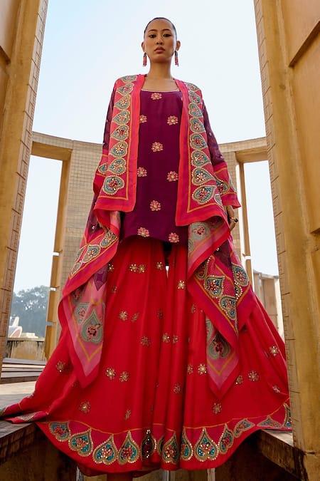 Buy Swati Vijaivargie Purple Silk Embroidery Round , Open Cape And Sharara Set Online at Aza Fashions Buy_Swati Vijaivargie_Purple Silk Embroidery Round , Open Cape And Sharara Set _Online_at_Aza_Fashions