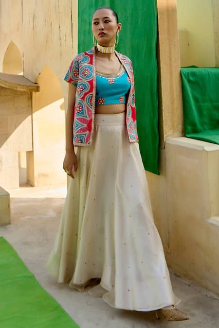 Swati Vijaivargie Aqua Silk, Organza Embroidery Open , Round Jacket And Skirt Set 