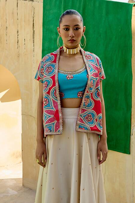 Swati Vijaivargie_Aqua Silk, Organza Embroidery Open , Round Jacket And Skirt Set _Online_at_Aza_Fashions