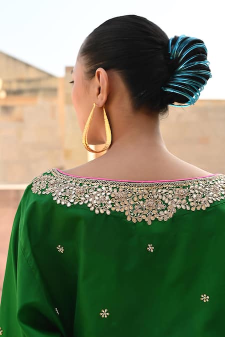 Swati Vijaivargie_Emerald Green Silk Embroidery Round Neck Blouse With Color Block Lehenga _Online_at_Aza_Fashions