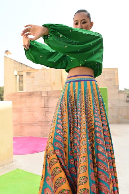 Swati Vijaivargie Embroidered Blouse With Color Block Lehenga 