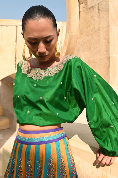 Swati Vijaivargie_Emerald Green Silk Embroidery Round Neck Blouse With Color Block Lehenga _at_Aza_Fashions